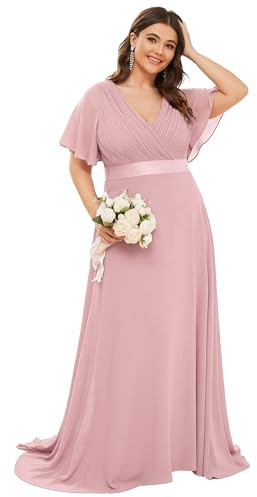 Ever-Pretty Women Plus Size Empire Waist V Back Bridesmaid Dress with Short Sleeves Dusty Rose 20UK