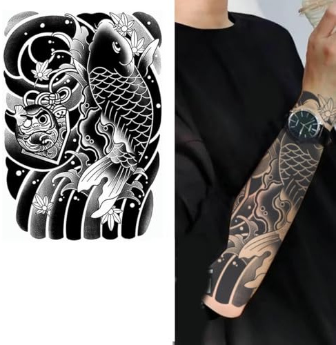 4 PCS Temporary Tattoos Japanese Traditional Cherry Blossom Koi Fish Half-Arm Juice Herbal Tattoo Stickers Can Not Be Washed Off And Non-Reflective