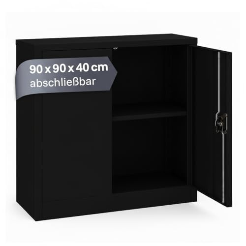 Lager|Zwei LagerZwei Mehrzweckschrank 90x90x40 cm I Metallschrank schwarz | Inkl. Fachboden I Aktenschrank abschließbar, als Werkstattschrank, Büroschrank & Kellerschrank I Stahlschrank robust