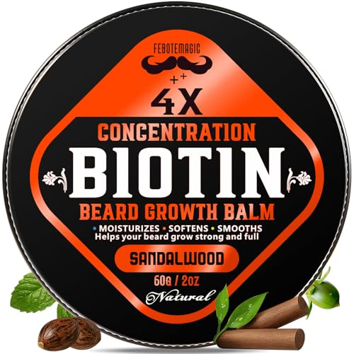 FEBOTE Biotin Beard Growth Balm for Men – Conditioning Balm with Castor, Shea & Jojoba Oils to Condition, Soften & Thicken Facial Hair – Non-Greasy, Sandalwood Scent – 2 oz Grooming Kit