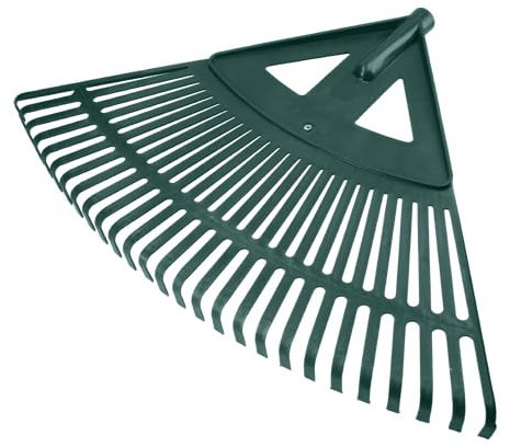 Escoba de jardín plástica con 27 púas, ideal para barrer hojas y desechos en jardines y patios.