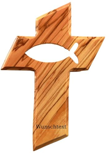 Kassis Geschenkartikel Personalisierbares Kreuz mit Fisch aus Olivenholz – handgefertigtes Wandkreuz aus Bethlehem - Spirituelles Geschenk zur Taufe, Kommunion, Firmung, Konfirmation, Hochzeit