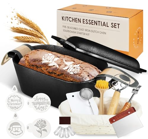 Cast Iron Sourdough Loaf Pan with Lid, Oval Dutch Oven for Bread Baking, Pre-Seasoned Sourdough Baking Supplies Kit, Cast Iron Dutch Oven for Homemade Bread, Sourdough Bread Pan