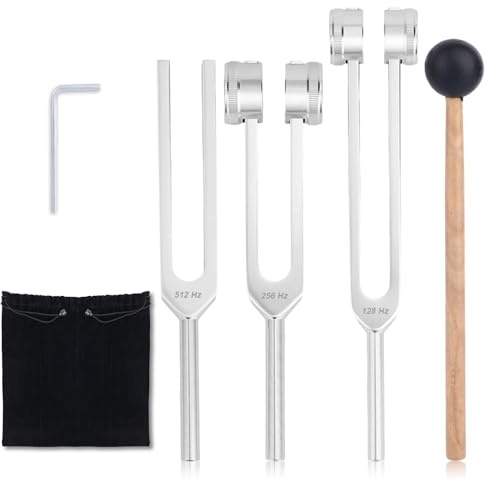 Goktvai Stimmgabeln für Heilung, 128 Hz, 256 Hz, 512 Hz, Stimmgabeln mit Holzhammer und Aufbewahrungstasche, Klanginstrumente für Yoga, Meditation, Chakra-Balancing