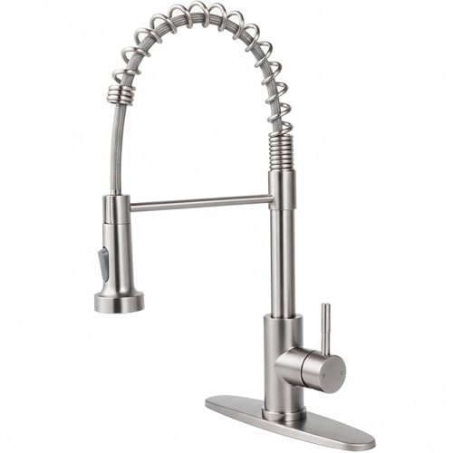 Friho Brushed Nickel Kitchen Faucets with Pull Down Sprayer, Stainless Steel Single Handle Kitchen Faucet, 1 Hole Or 3 Hole Dual Function Spring Pull Out Sink Faucets for Farmhouse RV Camper Laundry