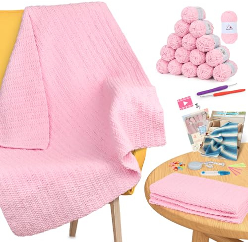 Aeelike Chenille Wolle Decke Häkelset für Anfänger, Einfaches Häkel Set mit Häkelnadeln, Weichem Chenillegarn, Detaillierter Anleitung und Häkelzubehör, Komplettes Anfänger-Häkeln-Set, Rosa