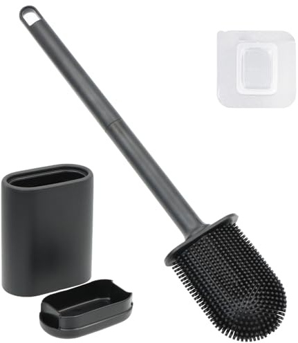 Yuaerbuo Klobürste Silikon Schwarz, Toilettenbürste Wandmontage Ohne Bohren,WC Bürste mit Flachem Flexiblem Bürstenkopf, Klobürste mit Halter und Rutschfestem Griff–Reinigt Tote Winkel Gründlich