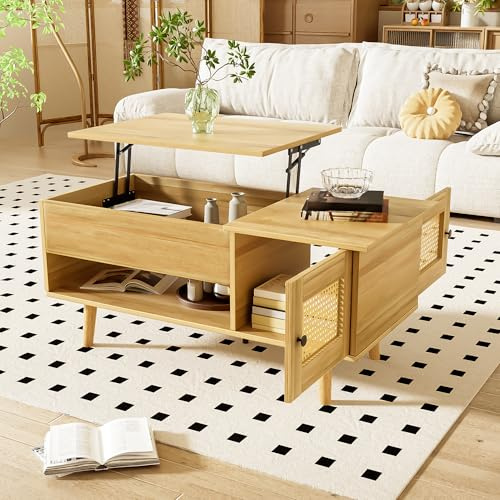 LFGUIZO Couchtisch Höhenverstellbarer, Kaffeetisch mit offener & versteckter Stauraum, Wohnzimmertisch mit 2 Rattantüren, Sofatisch aus Holz für Wohnzimmer, Balkon, Büro, 103 L x 50 B x 46 H