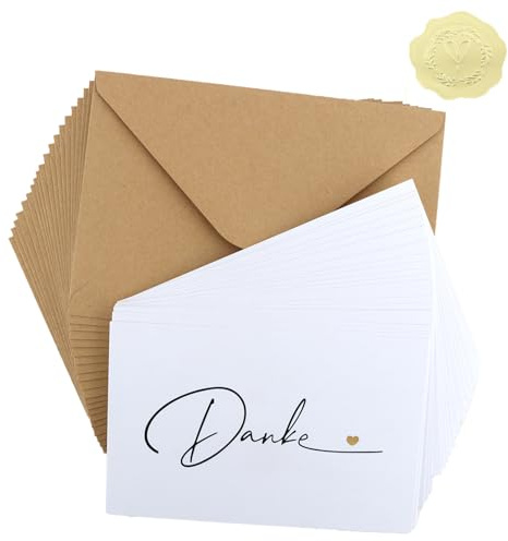 KEUKORZ 20 Stück Dankeskarten Set mit Umschlägen und goldenen Siegelstickern, Danke Karte Klappkarten Blanko Postkarten Set Dankeschön Grußkarten für Kollegen Freunde Frauen Mann