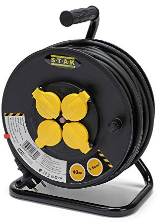 Stak REELHD-FR-40 - Avvolgicavo Elettrico Professionale Impermeabile IP44 Cavo 40 m in Gomma 3G1,5 mm2 per Cantiere, bricolage, Giardino, 4 Prese, Struttura in Acciaio, Colore: Nero