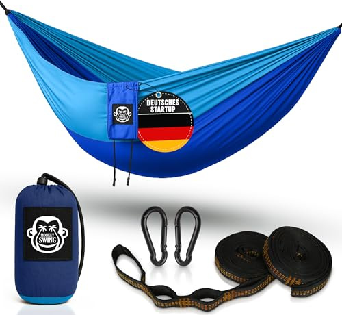 Monkey Swing Ultralight Hammock incl. Carabiners & Heavy-Duty Tree Straps (Up to 300 kg Load, 275 x 140 cm) – Ideal Camping Hammock for Outdoor, Trekking & Travel (Blue)