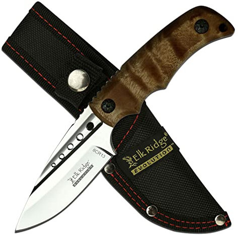 ELK RIDGE EVOLUTION – Cuchillo de Caza de Hoja Fija para Exteriores – Hoja de Punto de Gota Pulida con Mango de Madera de Arce y Vaina de Nailon – Afilador de Afeitar de Espiga Completo