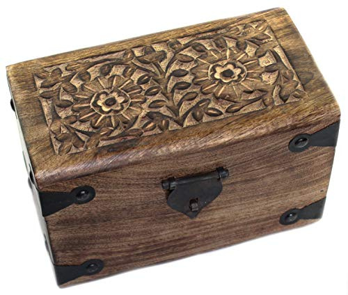 Budawi® Holztruhe klein aus Mangoholz | Holzschatulle mit Blumenornament Schnitzerei | Handarbeit aus Indien | Schmucktruhe Schatzkiste Aufbewahrungsbox | Vintage Holzbox mit Metallbeschlägen