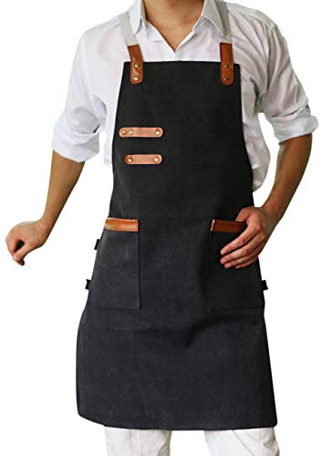 SPDYCESS Schwarz Leinwand Schürze Unisex Segeltuchschürze mit Taschen Küchenschürze Kreuz Zurück Töpferschürze für Garten Friseur Handwerk Gastronomie