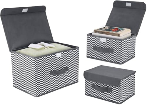 DIMJ 3-Pack (21L+2x7.5L) Fabric Storage Boxes for Bedroom Wardrobe Underbed | Velcro Lids, Collapsible, Stackable for Nursery, Closet, Playroom Organisation, Seasonal Clothes, Wool, Bedding and Shoes