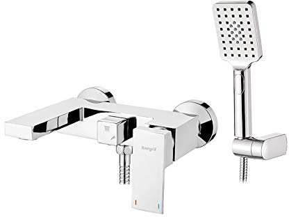 Ibergrif M13005 Winkel-Wannenbatterie-Set, Wannenbatterie mit Wanneneinlauf komplett mit Kopfbrause, Brausehalter und Brauseschlauch, verchromt, silberfarben