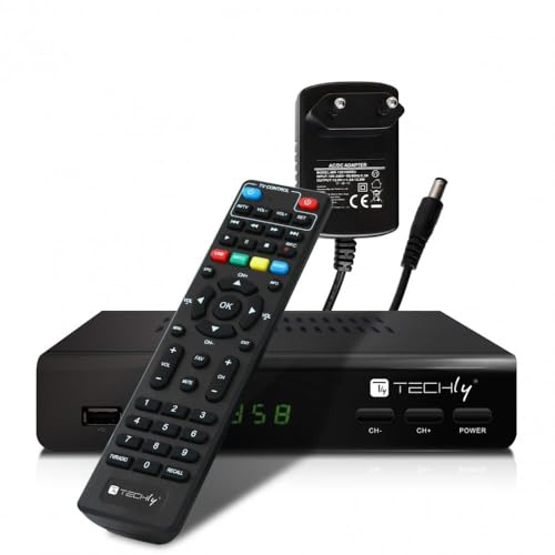 Techly 360974 décodeur récepteur numérique terrestre DVB-T/T2 H.265 HEVC 10 bits métal avec télécommande universelle 2 en 1 avec alimentation 12 V Noir