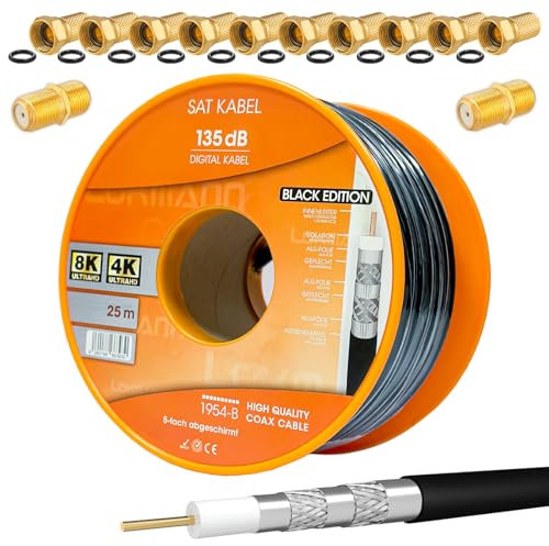 Cable coaxial para antena de satélite CCS PRO de 135 dB, 25 m, blindaje de 5 vías, coaxial, de acero y cobre, para sistemas DVB-S/S2 DVB-C y DVB-T BK + 10 conectores F dorados y 2 conectores F