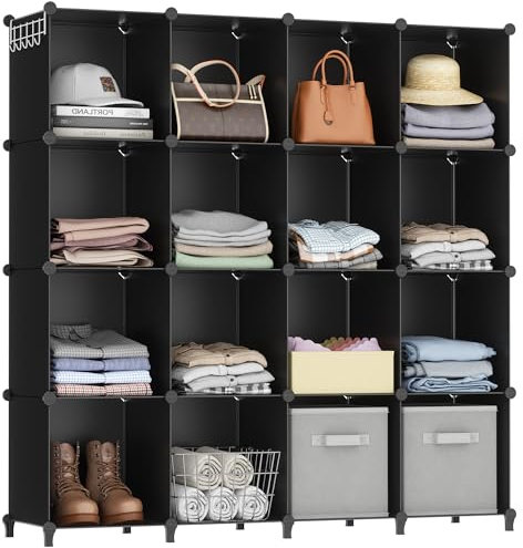 HOMIDEC Closet Organizers and Storage, 16 Cube Storage Organizer, Closet Organizer Bookshelf Cubes Shelves for Clothes, Bedroom, Kids Room, Bathroom, Wardrobe, Garment Racks, Black