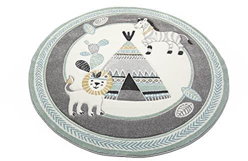 CARPETIA Teppich Kinderzimmerteppich Kinderzimmer Indianer Zelt Löwe gelb grau Creme Größe 120 cm Rund