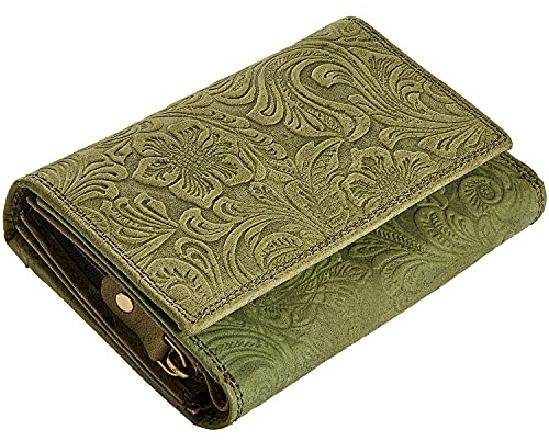 Wildery® Geldbörse Damen Gross viele Fächer mit RFID Schutz I Geldbeutel Damen Blumenmuster I Portemonnaie Damen Leder mit Blumen Prägung I Geschenke für Frauen /#Flower WI208 (Grün)