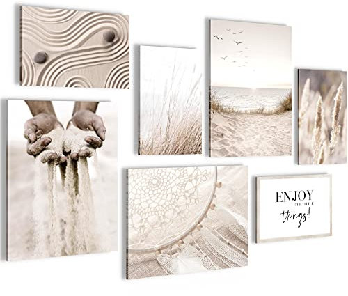 Novart Wandbilder Boho Pampasgras - KOMPLETT AUFHÄNGFERTIG - Beige Vintage Wohnzimmer Schlafzimmer - 7 Moderne Mood-Bilder - N003571a