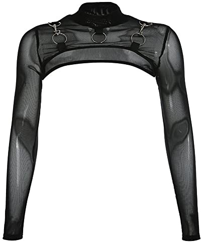 Black Sugar Femme T Shirt Top Boléro Résille Manches Longues Lacet Moulant Haut Top Sexy Slim Elégant Noir Invisibles Rafraîchissantes Filet Maille (L, Boléro)
