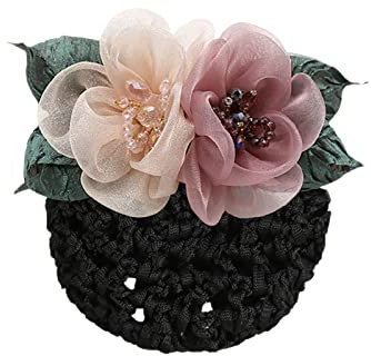 Elastisches, elegantes Damen-Haarnetz, Schleifenband, Blumen, Perlen, Dutt, Netz, Haarstyling-Zubehör, Weihnachten, Geburtstagsgeschenke, Rosa
