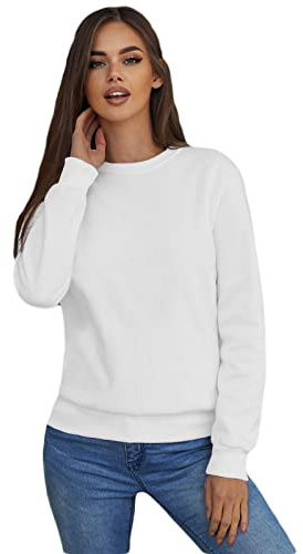 OZONEE Damen Sweatshirt Pullover Langarm Farbvarianten Crewneck Langarmshirt Pulli ohne Kapuze Baumwolle Baumwollmischung Classic Basic Rundhals-Ausschnitt Sport 777/4428B WEIẞ XL