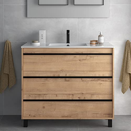 Yellowshop - Mobile bagno 100 cm 3 cassetti con lavabo e specchio con applique led (opz) ATTILA Rovere Ostippo (Mobile con lavabo)