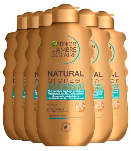 Garnier Ambre Solaire Natural Bronzer Selbstbräunungs-Milch mit pflanzlichem Bräunungsmittel, feuchtigkeitsspendende Formel mit Aprikosenöl und Vitamin E, 6 Flaschen à 200 ml