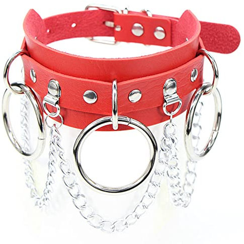 Duories Halskette aus PU-Leder,Halsband mit O-Ring-Kette und Schlüsselbeinkette,Gotik Punk Lederhalsband Choker,42 cm Verstellbarer Kragen,Breite 4,4 cm,für Abend, Party, Tanz, Club, Bar,Rot
