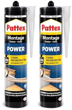 Pattex Montagekleber Power, Baukleber mit starker Anfangshaftung, Kraftkleber für saugende Materialien, Kleber für innen & außen (2er Pack)