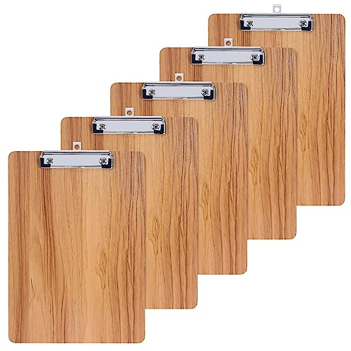 GUOKOFF Klemmbrett A4, 5 Stück Klemmbrett Holz, Hartplatten Klemmbrett A4 mit Gummierter Metalklemme, Schreibbrett Pad Halter Clipboard DIN A4