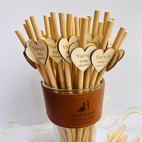 ZYMECH 100 pajitas personalizadas de papel ecológico con etiqueta de madera grabada, 20 cm, 3 mm de grosor, 100 unidades