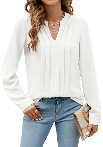 Blooming Jelly Womens Long Sleeve Tops Ladies Blouses V Neck Pleated Shirts Autumn Clothing White L