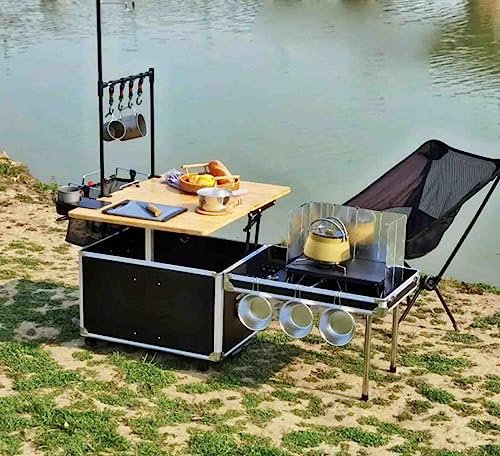 PRUJOY Cucina da Campeggio Cucina Mobile da Esterno Pieghevole da Campeggio Portatile da Picnic Tavolo da tè Scatola portaoggetti con Ruote Stufa Antivento
