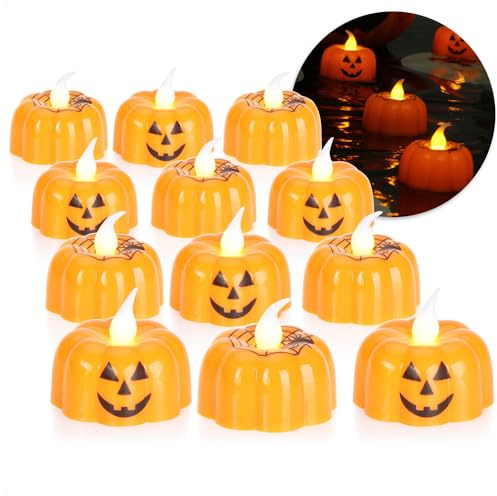 com-four® 12x LED Teelichter Halloween, flackernde Teelichter in Kürbisform | batteriebetriebene LED-Kerzen - Stimmungsbeleuchtung für Kürbisse