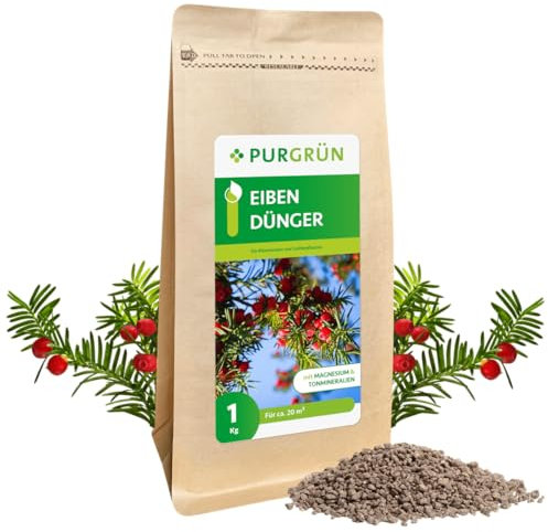 Purgrün® Eibendünger 1 kg – Organisch-mineralische Rezeptur – Feinkörniges Krümelgranulat – NPK 5+4+6 – Extra Magnesium für leuchtend grüne Nadeln – Verbessert die Bodenqualität