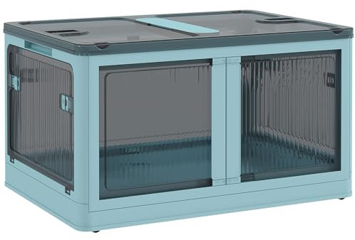 HOMCOM Caja de Almacenamiento Apilable con Tapa 69L Caja Organizadora Plegable con Ruedas Contenedor de Plástico con Acceso a 5 Lados 60x42x34 cm Azul