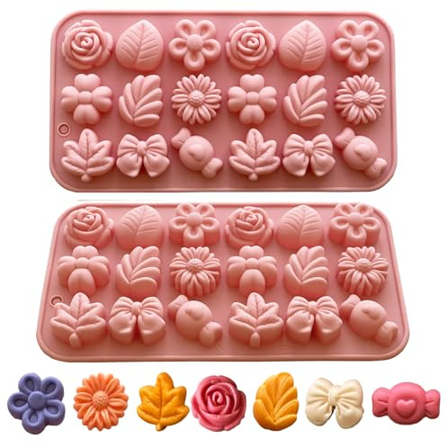 Flower Candy Molds Silicone 2PCS Daisy Flower Chocolate Molds Tulip Flower Mold Bow Tie Leaf Jello Molds Ice Mold Pudding Molds Soap Molds Cookie Molds for Desserts Making