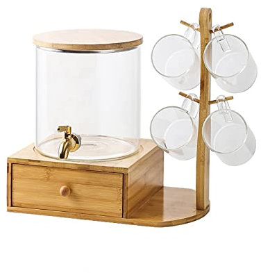Carafe Eau Pichet d'eau en verre avec robinet de tasses à bois Thé de ménage Thé de théière grande capacité Théière à eau froide for le jus fait maison Thé glacé (5L) Pichet à Thé Glacé(Color:Transpar