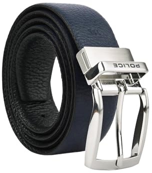 Police Ceinture réversible pour homme en cuir véritable, fabriquée en Italie, 3,5 cm de haut, sans couture, ajustable et raccourcissable, noir/bleu, 120 cm (TG 52-54)
