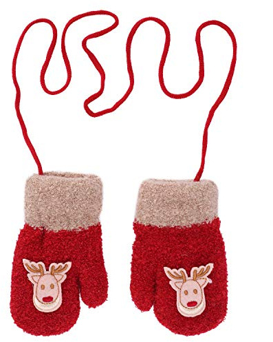 ITODA Gants d'Hiver pour Enfants Unisexe Gants Chauds en Peluche avec Cordon Moufles Enfants Thermique à Motif de Faon Mignon Gants avec Corde Épais Plein-Doigts pour Fille Garçon Âge 2-7 ans Rouge