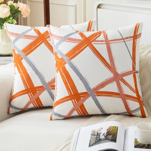 Jayusaror Orange Kissenbezug 45x45 Samt Grau Kissenbezüge Weiche Sofakissen Geometrische Dekokissen Moderne Kissen Deko Kissenhülle für Wohnzimmer Sofa Schlafzimmer Dekor，2er Set