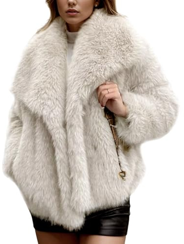 Yimoon Women's Cropped Faux Fur Jacket Lapel Open Front Shaggy Furry Coat 2024 Winter Warm Fluffy Overcoat(Apricot-S)