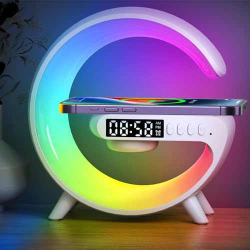 Wireless Speaker Charger Light, G Lamp with Wireless Charger, Smart Lamp Bluetooth Speaker, 5W Mood Light with Alarm Clock, 10 Lighting Modes, Bedroom, Party (White Plug-in Type)