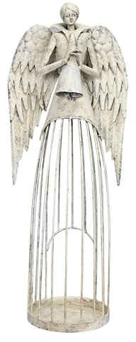 nostalgischer stimmungsvoller Deko Engel als Windlichtengel mit Flöte oder betend aus Metall in cremeweiß - grau gewischt antike Shabby Optik (mittel)