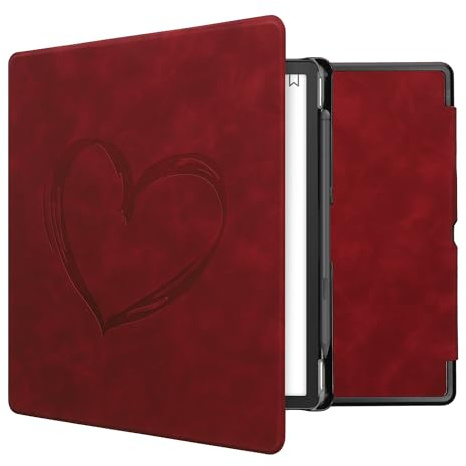 kwmobile Schutzhülle für Amazon Kindle Scribe (2022/2024) Hülle - eReader Case aus Kunstleder mit Auto Sleep Funktion - Herz Brush mit Dunkelrot