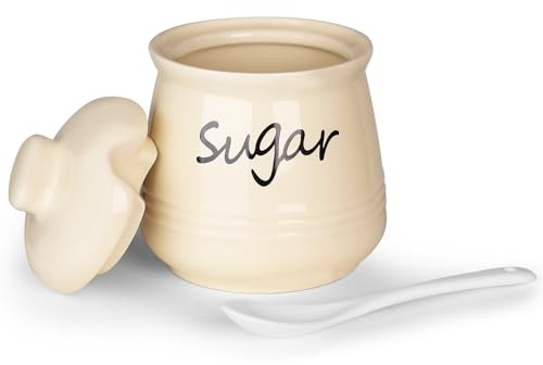 HAOTOP 12oz Ceramic Sugar Bowl with Lid and Spoon (Beige) | 12oz, ceramic, lid & spoon, sugar dispenser, countertop